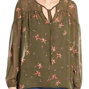 Gibson Moss Green Floral Sheer Peasant Blouse